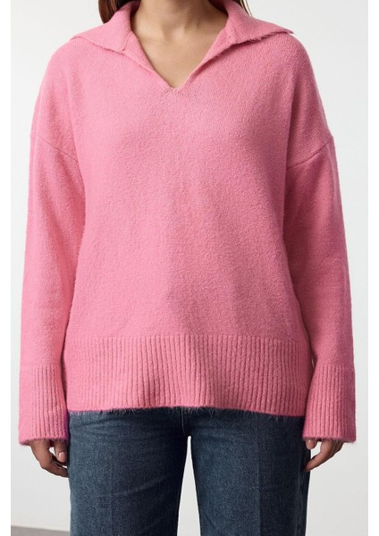 Stil Modern Kadın Regular Düşük Kol Polo Yaka Yünlü Geniş Kalıp Basic Triko Kazak modelleri