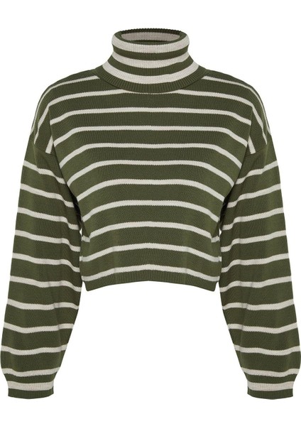 Stil Modern Kadın Crop Düşük Kol Balıkçı Yaka Çizgili Triko Kazak modelleri