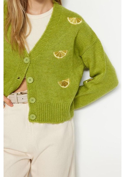 Stil Modern Kadın Regular Düşük Kol V Yaka Yumuşak Dokulu Nakış Detaylı Triko Hırka