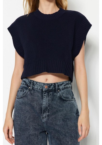 Kadın Moda Şık Bisiklet Yaka Standart Kol Crop Triko Süveter