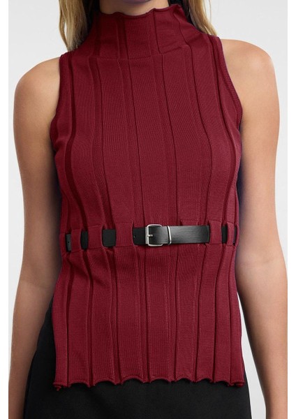 Kadın Moda Şık Dik Yaka Standart Kol Regular Kemerli Triko Süveter