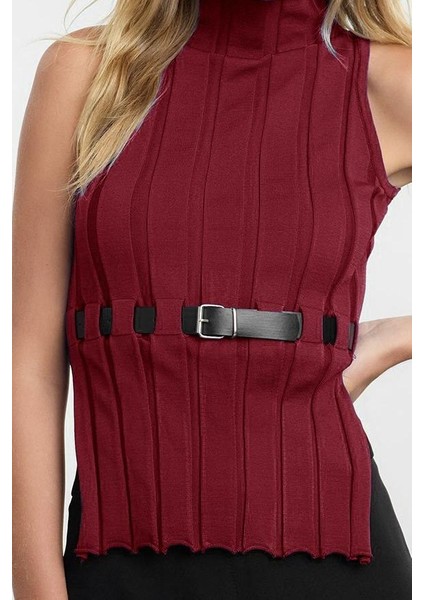 Kadın Moda Şık Dik Yaka Standart Kol Regular Kemerli Triko Süveter