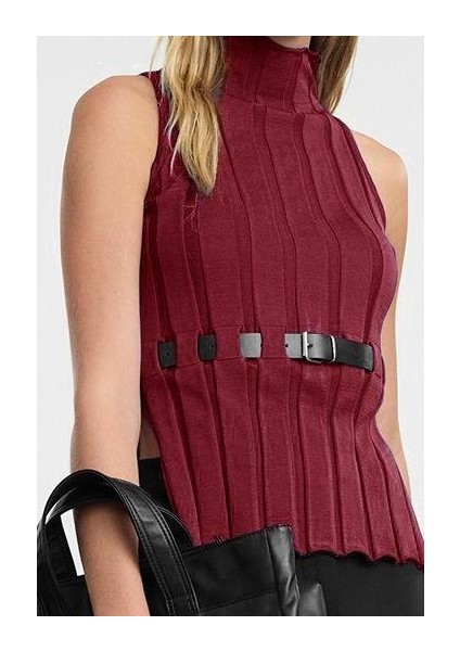 Kadın Moda Şık Dik Yaka Standart Kol Regular Kemerli Triko Süveter