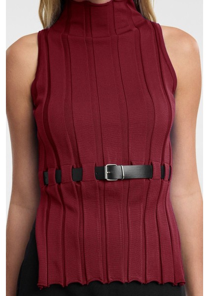 Kadın Moda Şık Dik Yaka Standart Kol Regular Kemerli Triko Süveter