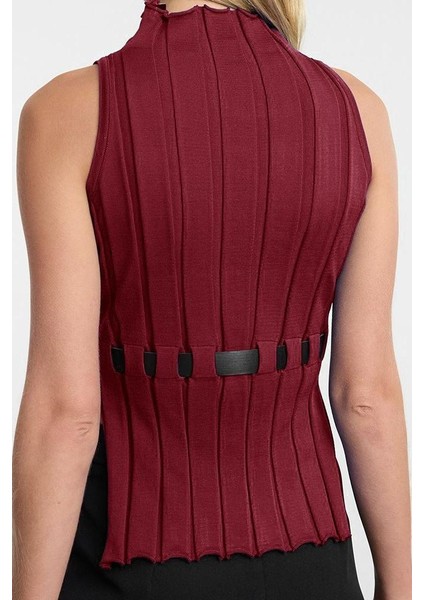 Kadın Moda Şık Dik Yaka Standart Kol Regular Kemerli Triko Süveter