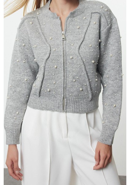 Stil Kadın Regular Standart Kol Bomber Yaka Yumuşak Fermuarlı Taşlı Ceket Görünümlü Triko Hırka