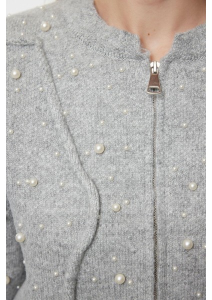 Stil Kadın Regular Standart Kol Bomber Yaka Yumuşak Fermuarlı Taşlı Ceket Görünümlü Triko Hırka fiyatları