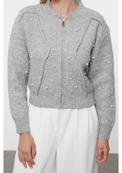 Stil Kadın Regular Standart Kol Bomber Yaka Yumuşak Fermuarlı Taşlı Ceket Görünümlü Triko Hırka modelleri