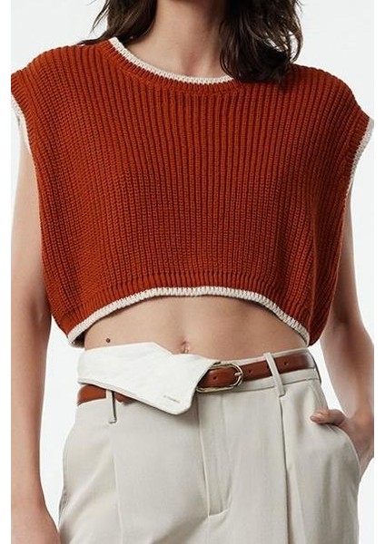 Kadın Moda Şık Bisiklet Yaka Standart Kol Crop Triko Süveter
