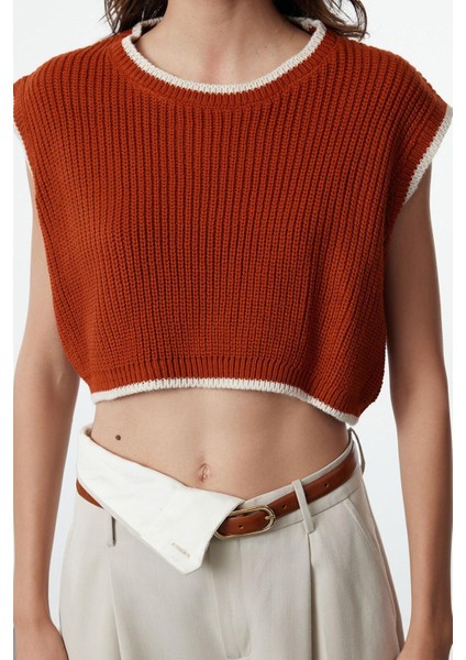 Kadın Moda Şık Bisiklet Yaka Standart Kol Crop Triko Süveter