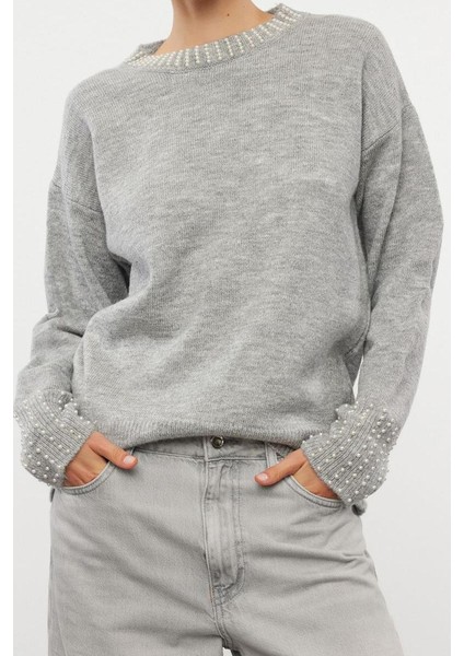 Stil Modern Kadın Regular Standart Kol Bisiklet Yaka Yumuşak Dokulu Taşlı Triko Kazak