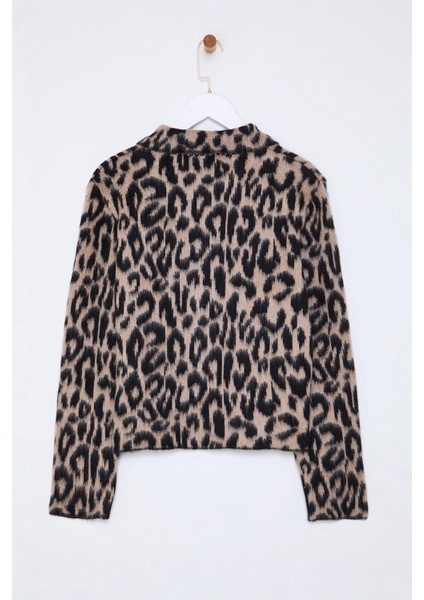 Stil Modern Kadın Regular Standart Kol Polo Yaka Leopar Desenli Triko Hırka