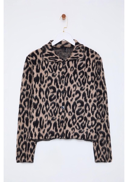 Stil Modern Kadın Regular Standart Kol Polo Yaka Leopar Desenli Triko Hırka fiyatları