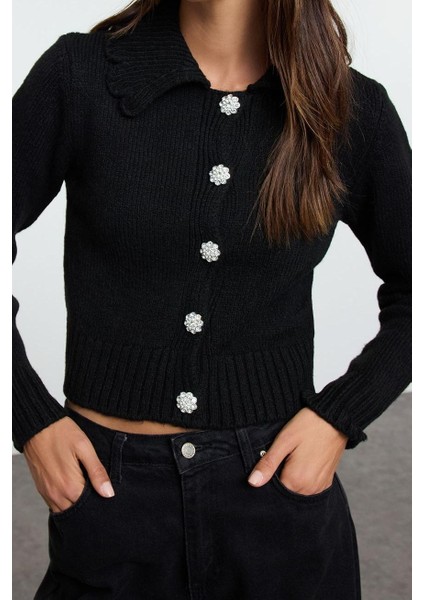 Stil Modern Kadın Crop Standart Kol Polo Yaka Yumuşak Dokulu Mücevher Düğmeli Triko Hırka fiyatları