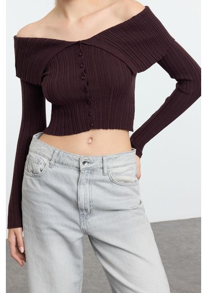 Kadın Crop Standart Kol Carmen Yaka Özel Iplik Triko Hırka