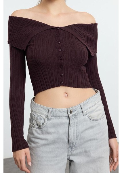 Kadın Crop Standart Kol Carmen Yaka Özel Iplik Triko Hırka fiyatları