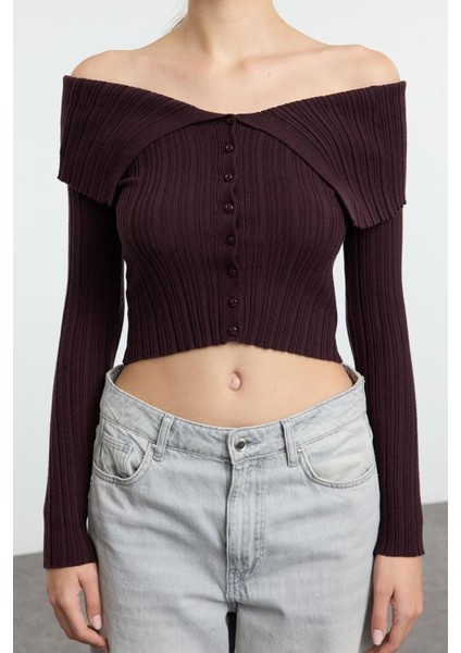 Kadın Crop Standart Kol Carmen Yaka Özel Iplik Triko Hırka modelleri