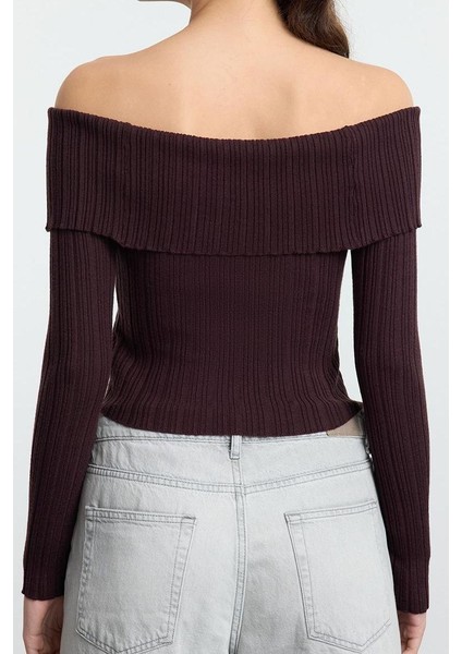 Kadın Crop Standart Kol Carmen Yaka Özel Iplik Triko Hırka fırsatları