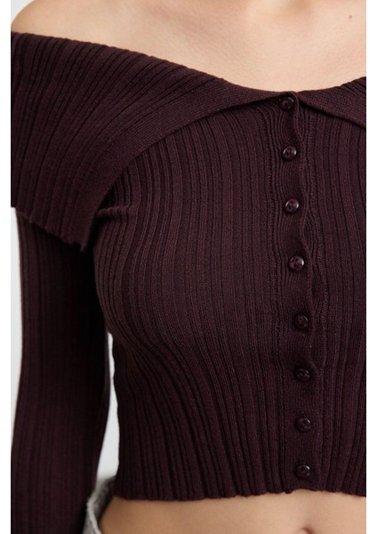 Kadın Crop Standart Kol Carmen Yaka Özel Iplik Triko Hırka indirimleri