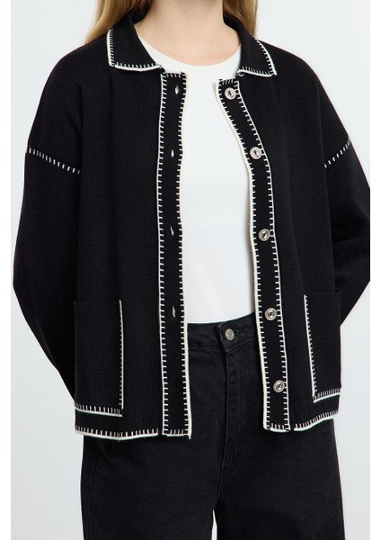 Stil Modern Kadın Regular Standart Kol Polo Yaka Renk Bloklu Triko Hırka