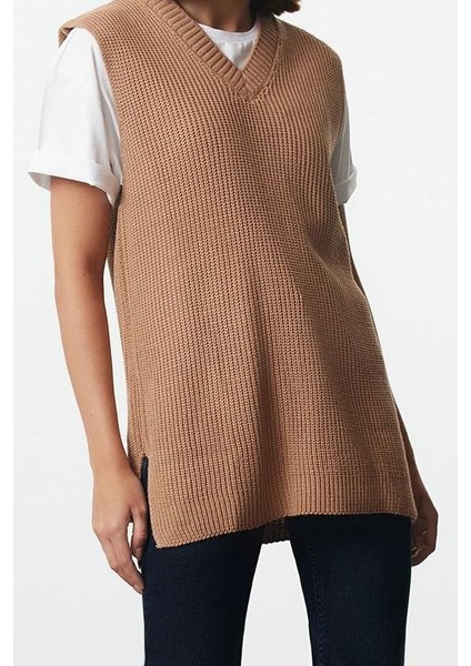 Kadın Moda Şık V Yaka Standart Kol Regular Basic Triko Süveter