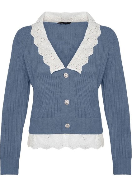 Kadın Moda Şık V Yaka Reglan Kol Regular Crop Dokuma Garni Detaylı Triko Hırka