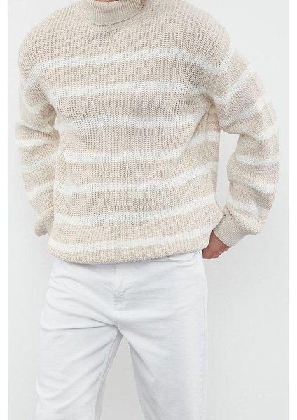 Stil Modern Erkek Regular Düşük Kol Balıkçı Yaka Casual Çizgili Triko Kazak