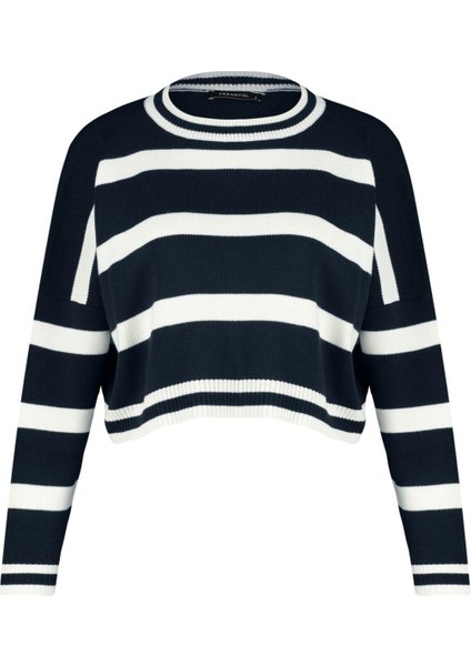 Stil Modern Kadın Crop Düşük Kol Bisiklet Yaka Çizgili Triko Kazak modelleri
