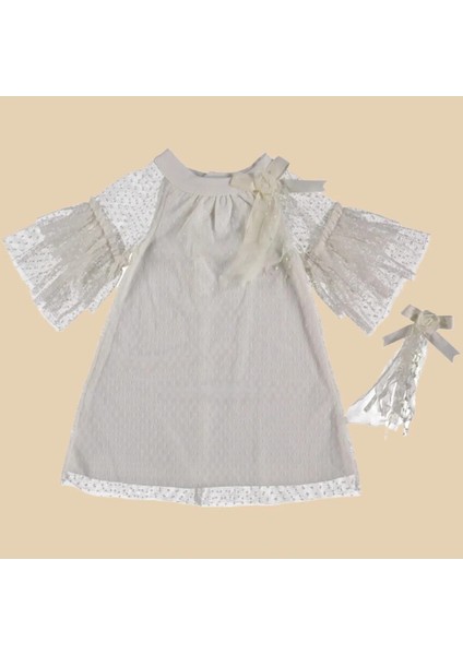 Toka Detaylı Tüllü Düz Beyaz Elbise