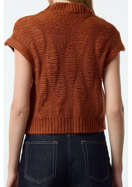 Kadın Moda Şık Bisiklet Yaka Standart Kol Regular Yumuşak Dokulu Crop Kısa Kol Triko Süveter