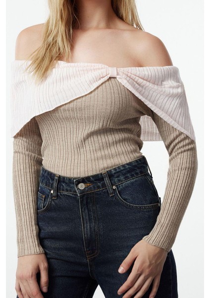 Kadın Standart Kol Carmen Yaka Renk Bloklu Triko Kazak