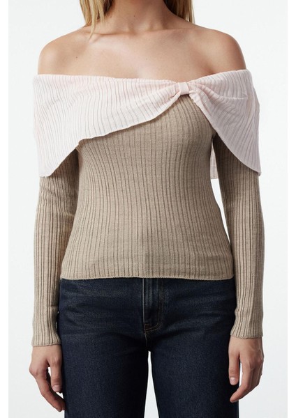 Kadın Standart Kol Carmen Yaka Renk Bloklu Triko Kazak modelleri