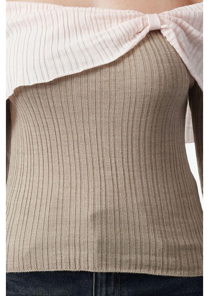 Kadın Standart Kol Carmen Yaka Renk Bloklu Triko Kazak indirimleri