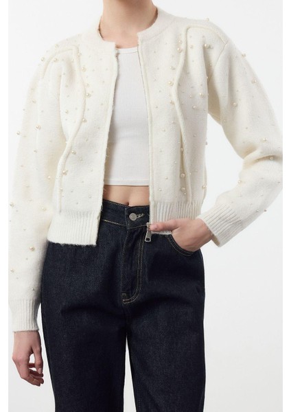 Stil Kadın Regular Standart Kol Bomber Yaka Yumuşak Fermuarlı Taşlı Mont Görünümlü Triko Hırka