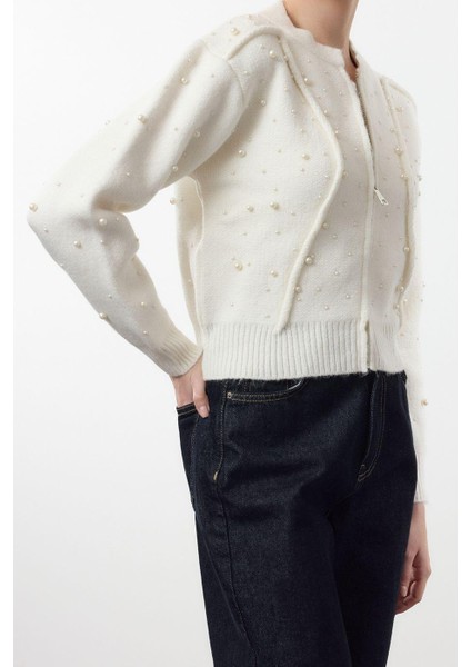 Stil Kadın Regular Standart Kol Bomber Yaka Yumuşak Fermuarlı Taşlı Mont Görünümlü Triko Hırka fiyatları