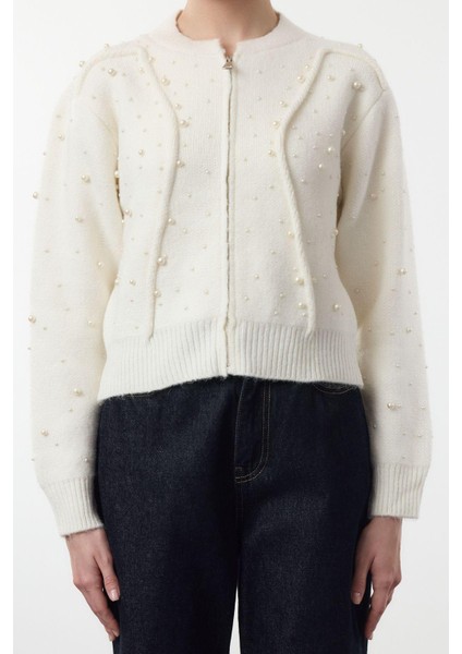 Stil Kadın Regular Standart Kol Bomber Yaka Yumuşak Fermuarlı Taşlı Mont Görünümlü Triko Hırka modelleri