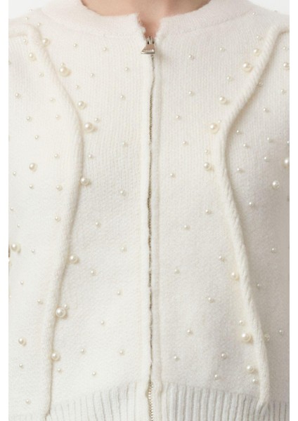 Stil Kadın Regular Standart Kol Bomber Yaka Yumuşak Fermuarlı Taşlı Mont Görünümlü Triko Hırka indirimleri