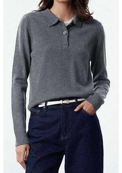 Kadın Moda Şık Polo Yaka Standart Kol Regular Yünlü Triko Kazak