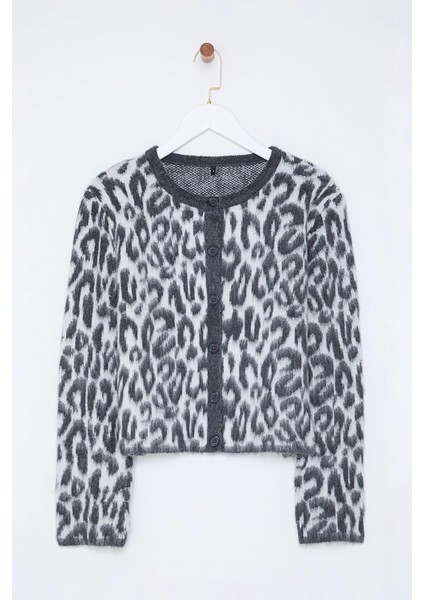 Kadın Moda Şık Bisiklet Yaka Standart Kol Regular Leopar Desenli Triko Hırka
