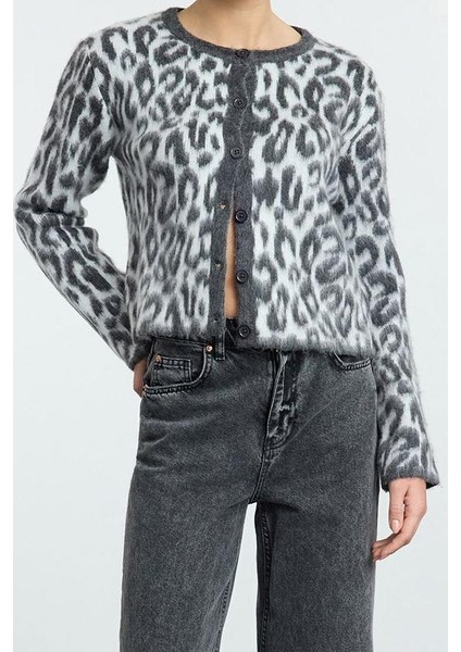 Kadın Moda Şık Bisiklet Yaka Standart Kol Regular Leopar Desenli Triko Hırka