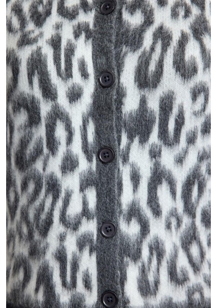 Kadın Moda Şık Bisiklet Yaka Standart Kol Regular Leopar Desenli Triko Hırka