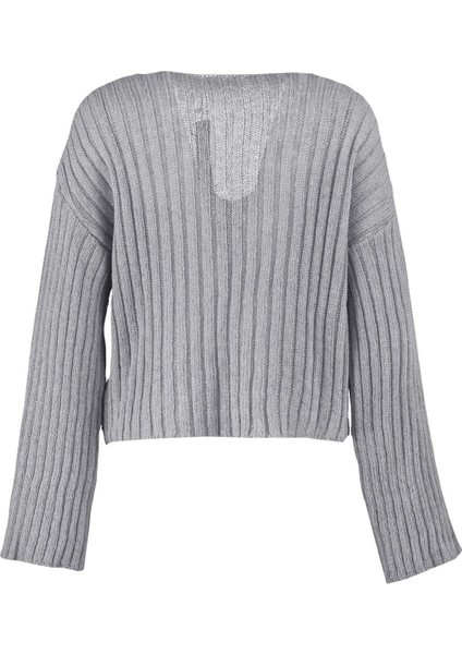 Kadın Moda Şık V Yaka Standart Kol Crop Yünlü Geniş Kalıp Basic Triko Kazak