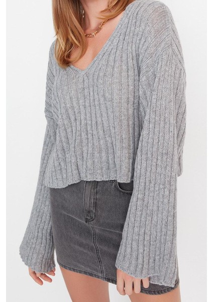 Kadın Moda Şık V Yaka Standart Kol Crop Yünlü Geniş Kalıp Basic Triko Kazak modelleri