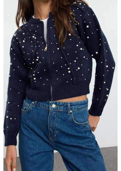 Stil Kadın Regular Standart Kol Bomber Yaka Yumuşak Fermuarlı Taşlı Mont Görünümlü Triko Hırka