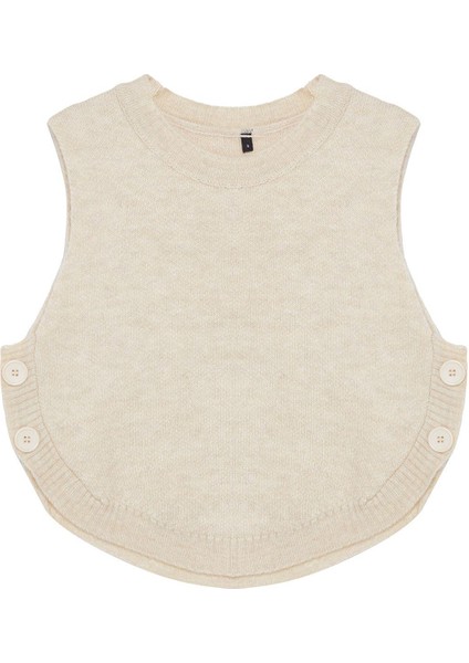 Kadın Moda Şık Bisiklet Yaka Standart Kol Crop Yumuşak Dokulu Düğmeli Triko Süveter