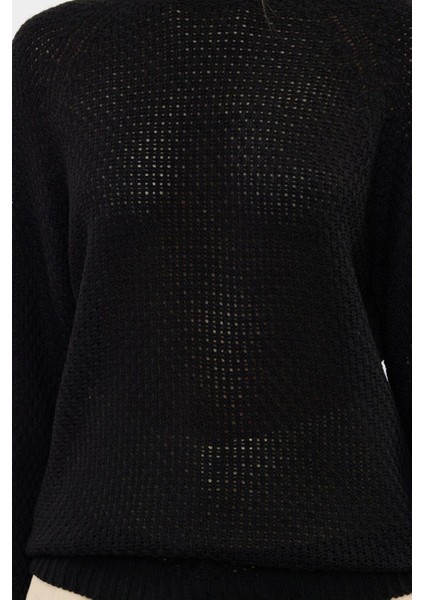 Kadın Moda Şık Bisiklet Yaka Reglan Kol Regular Lu Dikişsiz Triko Kazak