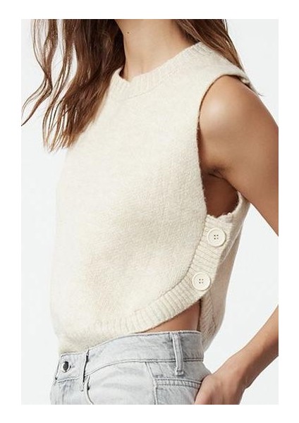 Kadın Moda Şık Bisiklet Yaka Standart Kol Crop Yumuşak Dokulu Düğmeli Triko Süveter