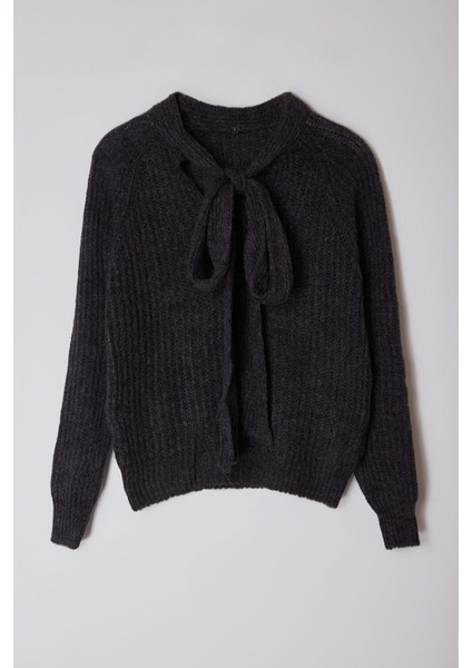 Kadın Moda Şık Boyundan Bağlamalı Standart Kol Regular Yumuşak Kurdeleli Gevşek Örgü Triko Kazak