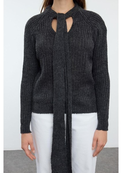 Kadın Moda Şık Boyundan Bağlamalı Standart Kol Regular Yumuşak Kurdeleli Gevşek Örgü Triko Kazak fırsatları