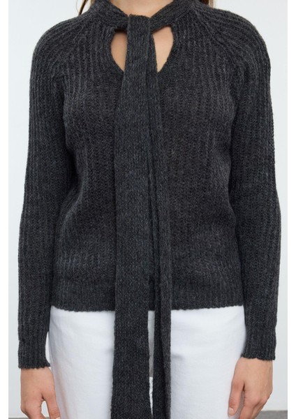 Kadın Moda Şık Boyundan Bağlamalı Standart Kol Regular Yumuşak Kurdeleli Gevşek Örgü Triko Kazak indirimleri